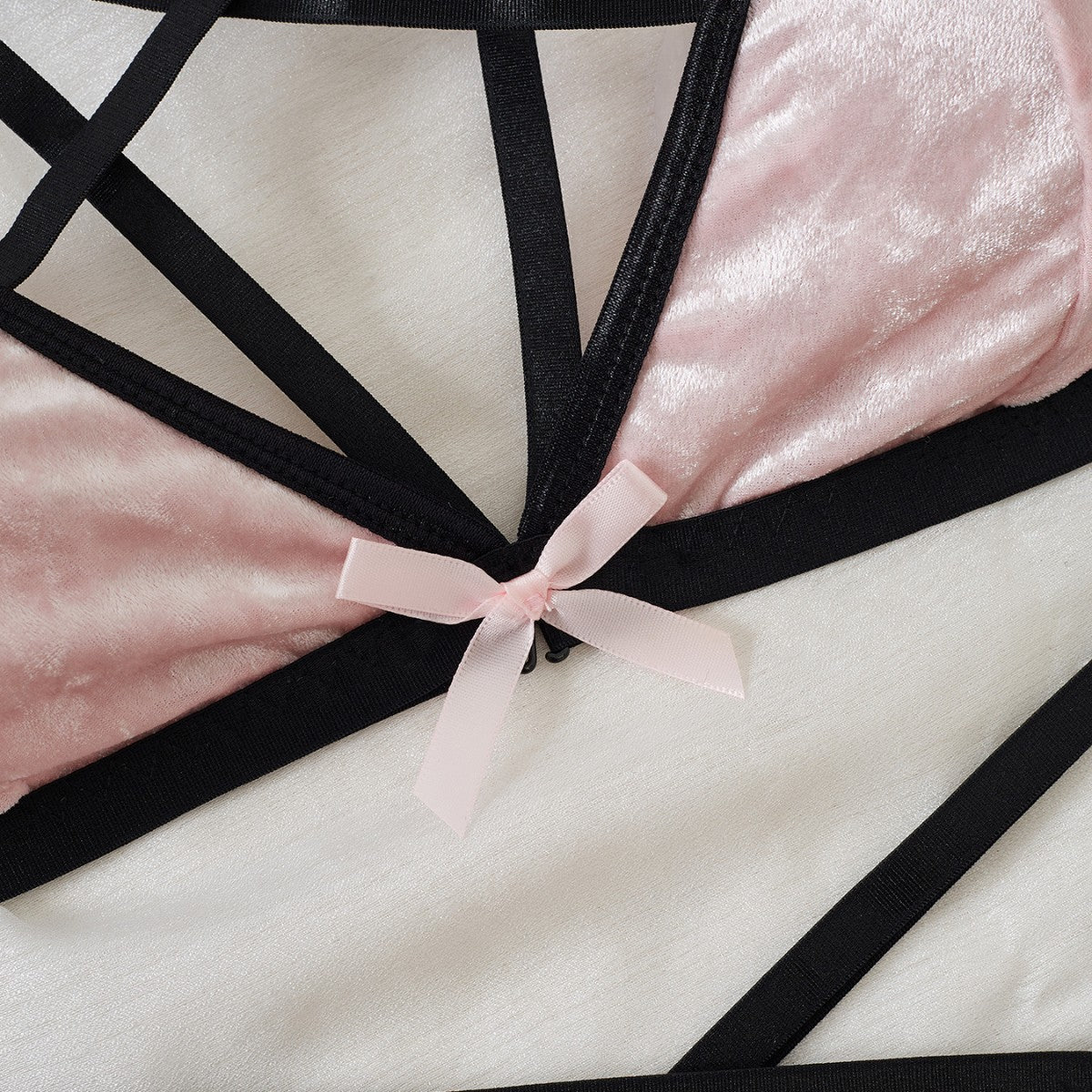 Image of Cross-border pink velvet contrast sweet and spicy cross belt erotic underwear cover sexy and comfortable wire-free three-point set